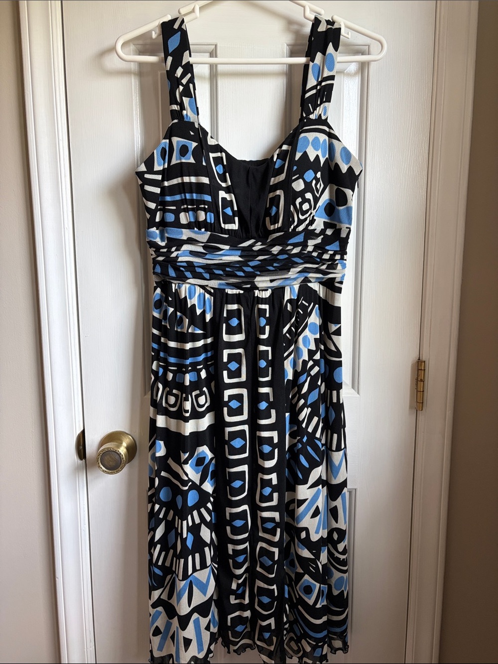 Sangria Black White Blue Geometric Midi Dress
